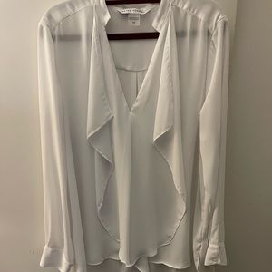 Ladies, V-neck, sheer ruffled white, long sleeve, sexy top